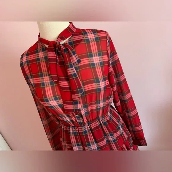 Xhilaration Red Plaid Tie-Neck Tiered Long-Sleeve Dress - Picture 2 of 8